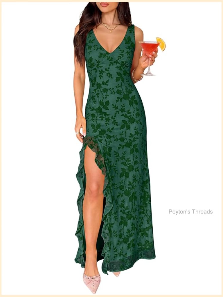 Sleeveless V Neck Bodycon Maxi Dress With High Slit Ruffle Hem For Wedding